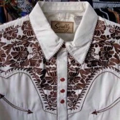Scully Leather Company Men's Vintage Western Shirt Collection: Scully Gunfighter Cream & Saddle Brown Embroidered & Fancy Western Shirts