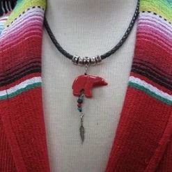 Laura Ingalls Designs Braided Leather Necklace With Red Bear Ladies'