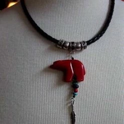 Laura Ingalls Designs Braided Leather Necklace With Red Bear Ladies'