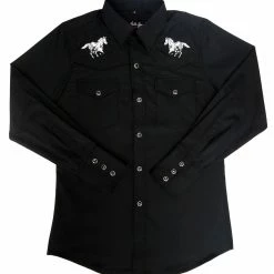 White Horse Apparel Men's Embroidered Western Shirt: White Horse Running Horse Black