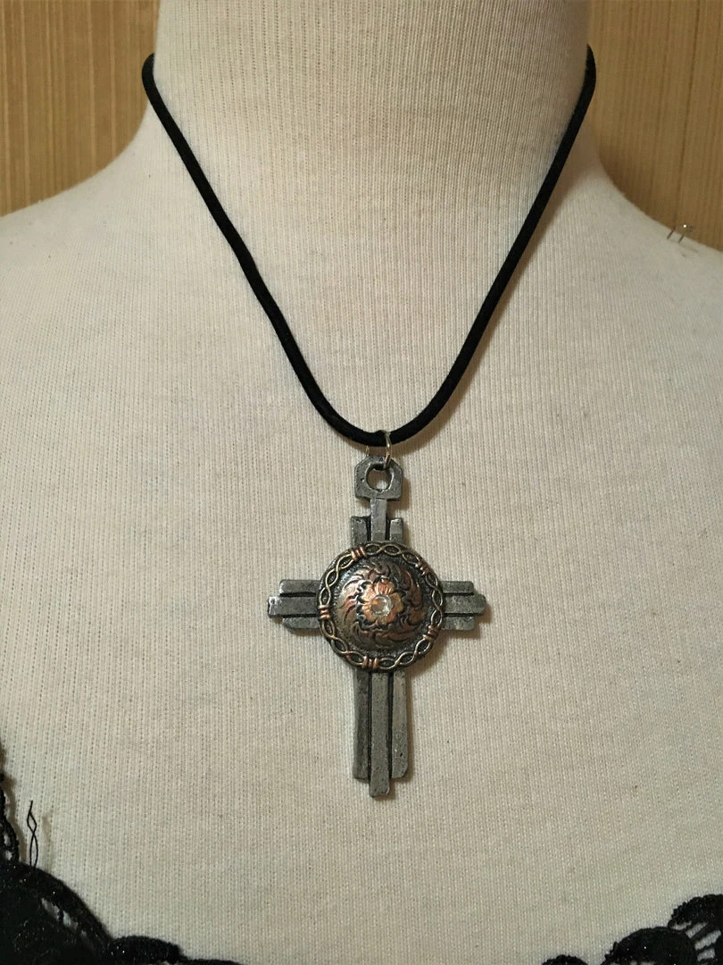 OutWest Shop Necklace Pewter Cross With Concho And Crystal Ladies' 3 OutWest Shop Necklace Pewter Cross With Concho And Crystal Ladies'