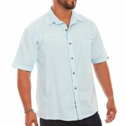 Scully Leather Company Men's Farthest Point Collection Shirt: Short Sleeve Palm Trees Aqua