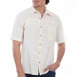 Scully Leather Company Men's Farthest Point Collection Shirt: Short Sleeve Palm Trees Distressed Ivory