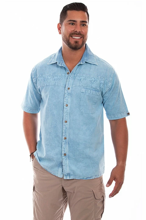 Scully Leather Company Men's Farthest Point Collection Shirt: Short Sleeve Palm Trees Blue 3 Scully Leather Company Men's Farthest Point Collection Shirt: Short Sleeve Palm Trees Blue
