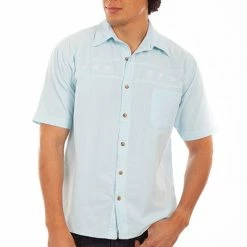 Scully Leather Company Men's Farthest Point Collection Shirt: Short Sleeve Palms Fish Boats Aqua Sky
