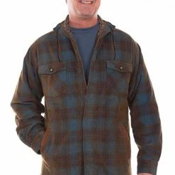 Scully Leather Company Men's Farthest Point Collection Jacket: Outdoor Corduroy Plaid Hoodie Blue