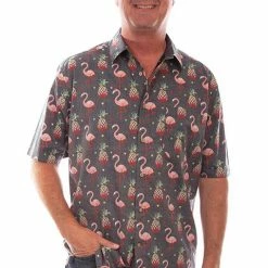 Scully Leather Company Men's Farthest Point Collection Shirt: Short Sleeve Aloha Hawaii Black