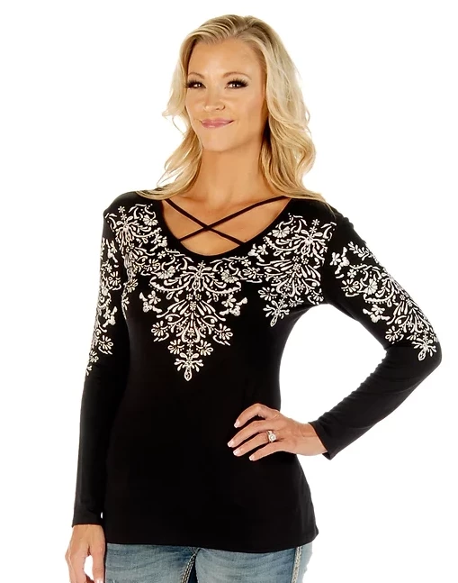 Liberty Wear Collection Tops: Ornate Scrolls Crossed Elegance 3 Liberty Wear Collection Tops: Ornate Scrolls Crossed Elegance