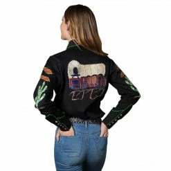 Rockmount Ranch Wear Ladies' Women's Vintage Western Shirt Collection: Rockmount Fancy Palm Trees Wagon Wheels Black