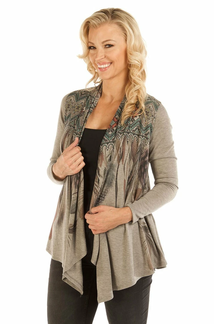 Liberty Wear Collection Cardigan: Waterfall Tribal Feathers Ladies' 2 Liberty Wear Collection Cardigan: Waterfall Tribal Feathers Ladies'