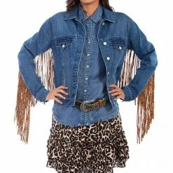 Scully Leather Company Ladies' Women's Honey Creek Jacket Collection: Denim Leopard Fringe