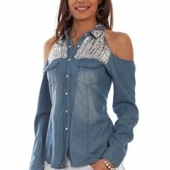 Scully Leather Company Women's Honey Creek Collection Blouse: Open Shoulder Denim Ladies'