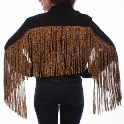 Scully Leather Company Women's Honey Creek Jacket Collection: Black Denim Leopard Print Fringe Ladies'
