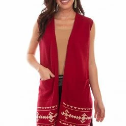 Scully Leather Company Women's Honey Creek Collection Vest: Native American Headdress Sweater Red