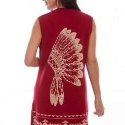 Scully Leather Company Women's Honey Creek Collection Vest: Native American Headdress Sweater Red