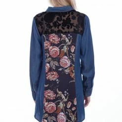 Scully Leather Company Ladies' Women's Honey Creek Collection Blouse: Denim Black Lace Rose Print