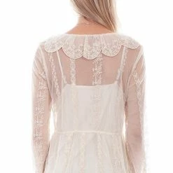 Scully Leather Company Women's Honey Creek Collection Blouse: Embroidered Mesh Tie Front Ivory