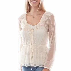 Scully Leather Company Women's Honey Creek Collection Blouse: Embroidered Mesh Tie Front Ivory