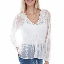 Scully Leather Company Ladies' Women's Honey Creek Collection Blouse: Embroidered Mesh Tie Front White