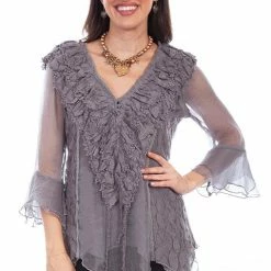 Scully Leather Company Women's Honey Creek Collection Blouse: 3/4 Sleeves, Double Ruffle Cuffs