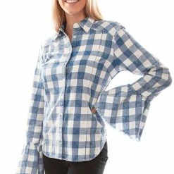 Scully Leather Company Women's Honey Creek Collection Blouse: Checkered Bell Sleeves