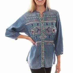 Scully Leather Company Women's Honey Creek Collection Blouse: Aztec Embroidered Denim