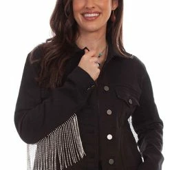 Scully Leather Company Women's Honey Creek Jacket Collection: Black Denim Rhinestone Fringe Ladies'
