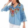 Scully Leather Company Women's Honey Creek Collection Blouse: V-Neck Floral Embroidery
