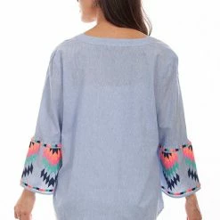 Scully Leather Company Ladies' Women's Honey Creek Collection Blouse: Pinstripe Aztec Embroidery