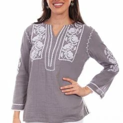 Scully Leather Company Women's Honey Creek Collection Blouse: Exotic White Floral Embroidery Ladies'