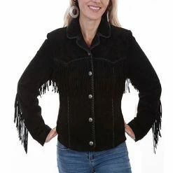 Scully Leather Company Ladies' Women's Leather Jacket Collection Suede: Scully Western Fringe Whip Stitched Black