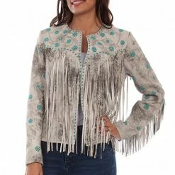 Scully Leather Company Women's Leather Jacket Collection Suede: Scully Western Fringe Beads Cream Ladies'