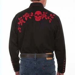 Scully Leather Company Men's Vintage Western Shirt Collection: Scully Skulls & Roses Red