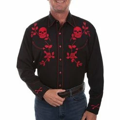 Scully Leather Company Men's Vintage Western Shirt Collection: Scully Skulls & Roses Red
