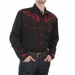 Scully Leather Company Men's Vintage Western Shirt Collection: Scully Embroidery Red Scrolls