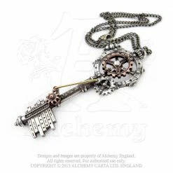 Alchemy England 1977 Alchemy Empire Steampunk Necklace: Septagramic Coercion Gearwheel Key Pendant