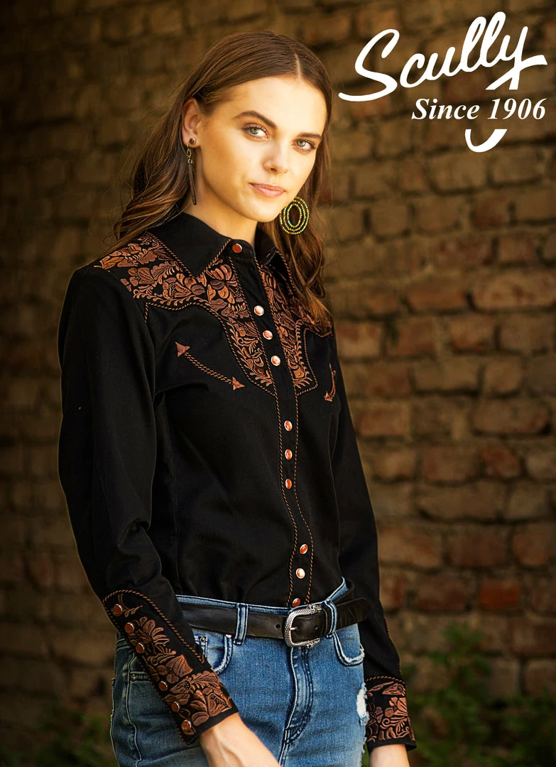 Scully Leather Company Women's Vintage Western Shirt Collection: Scully Gunfighter Black & Rust Ladies' 3 Scully Leather Company Women's Vintage Western Shirt Collection: Scully Gunfighter Black & Rust Ladies'