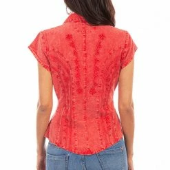 Scully Leather Company Womens Cantina Collection Top: Cap Sleeve With Floral Soutache, Brick