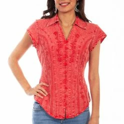 Scully Leather Company Womens Cantina Collection Top: Cap Sleeve With Floral Soutache, Brick