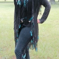Pat Dahnke Distressed Black Feathered Fringed Shawl Collar Jacket Distressed Black