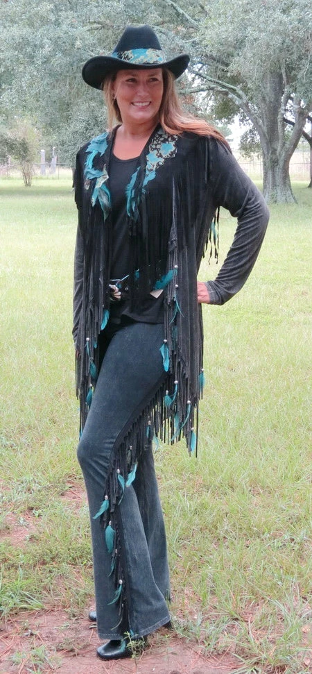 Pat Dahnke Distressed Black Feathered Fringed Shawl Collar Jacket Distressed Black 3 Pat Dahnke Distressed Black Feathered Fringed Shawl Collar Jacket Distressed Black