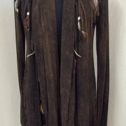 Pat Dahnke Ladies' Distressed Brown Feathered Fringed Shawl Collar Jacket