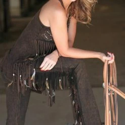 Pat Dahnke Distressed Brown Fringe Feathered Pant Ladies'