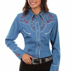 Scully Leather Company Women's Vintage Western Shirt Collection: Scully Embroidered Flowers Denim Ladies'