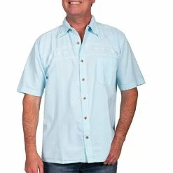 Scully Leather Company Men's Farthest Point Collection Shirt: Short Sleeve Palms Fish Boats Aqua Sky