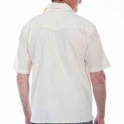 Scully Leather Company Men's Farthest Point Collection Shirt: Short Sleeve Palms Fish Boats Ivory