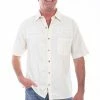 Scully Leather Company Men's Farthest Point Collection Shirt: Short Sleeve Palms Fish Boats Ivory
