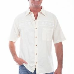 Scully Leather Company Men's Farthest Point Collection Shirt: Short Sleeve Palms Fish Boats Ivory