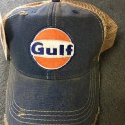 Ladies' M&P Speed Shop Cap: GULF Distressed Trucker Vintage Blue