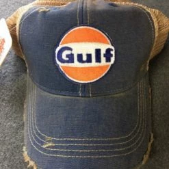 Ladies' M&P Speed Shop Cap: GULF Distressed Trucker Vintage Blue